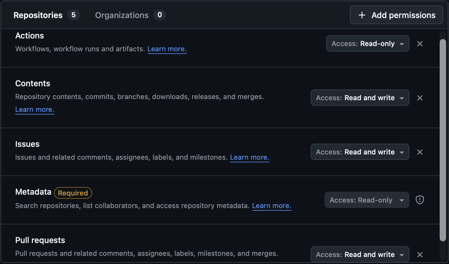 GitHub token permissions